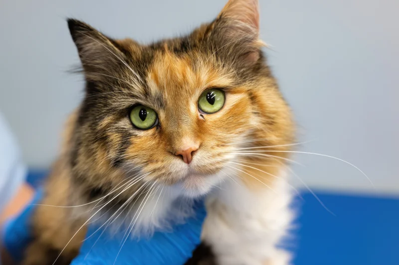 Calico cat with fluffy coat and bright green eyes being held during veterinary examination on blue table