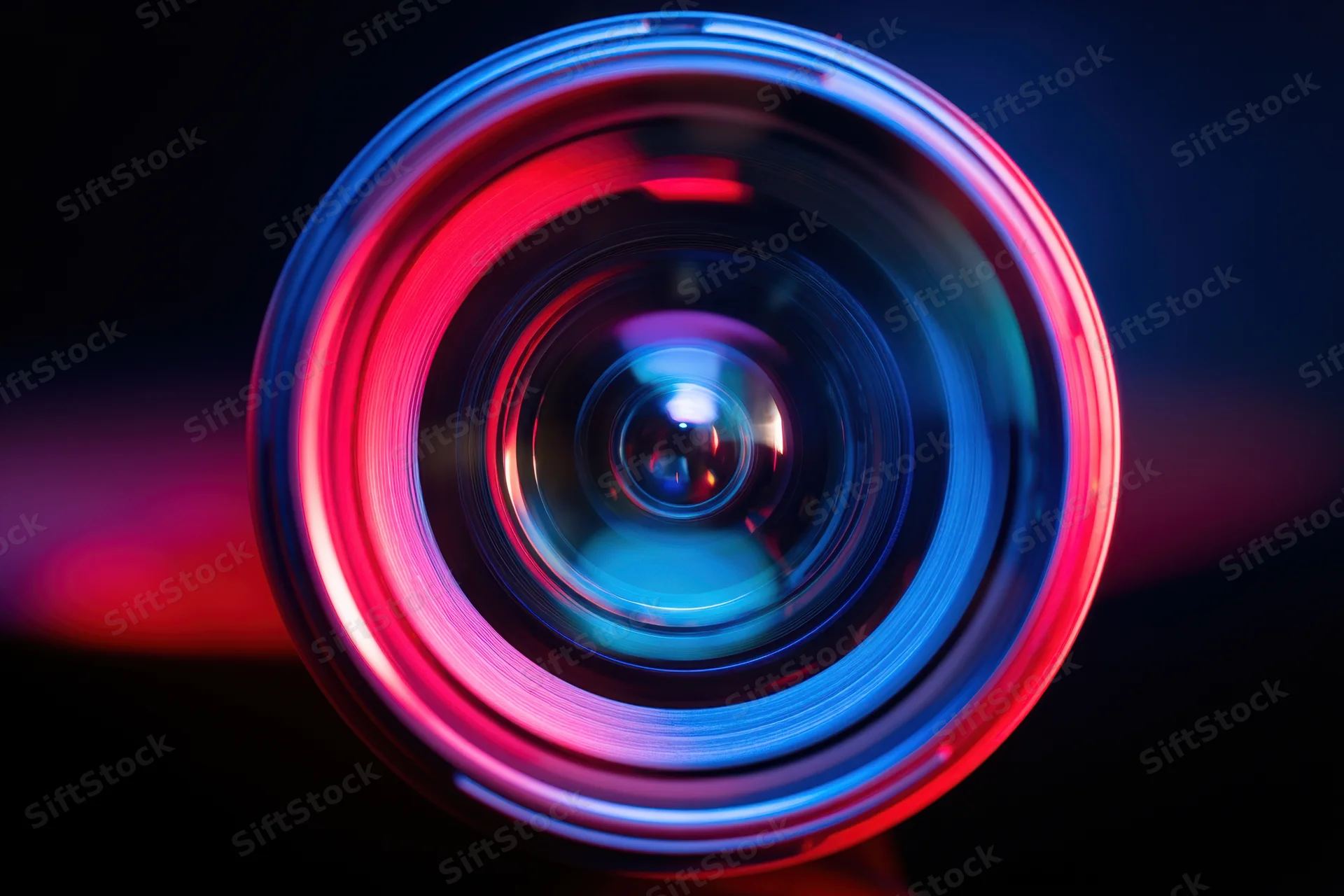 Close-up of a camera lens with red and blue neon reflections on a dark background