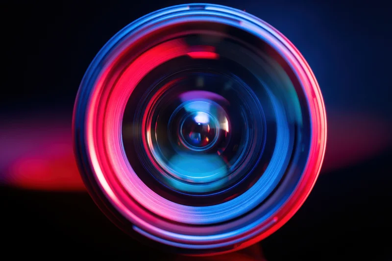 Close-up of a camera lens with red and blue neon reflections on a dark background