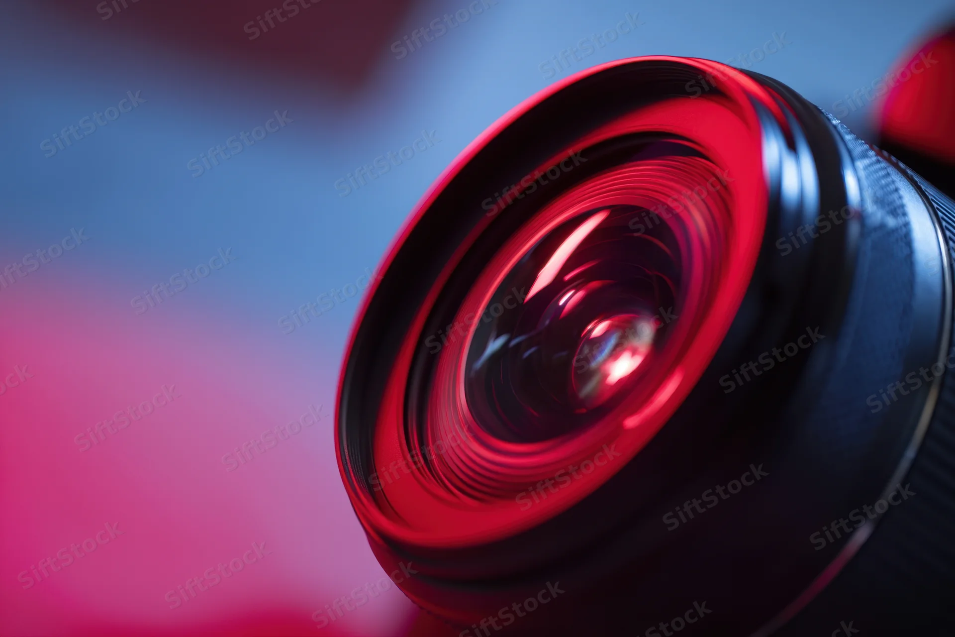 Closeup of a camera lens with red reflections and blurred gradient background