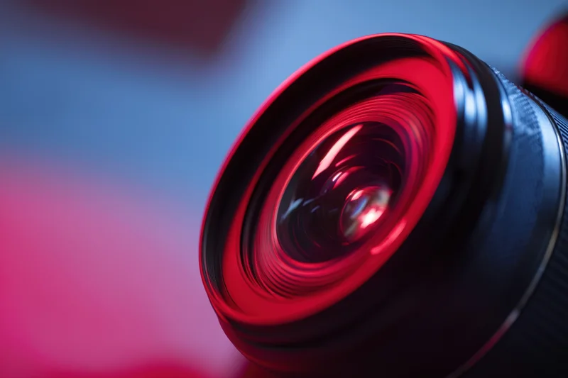 Closeup of a camera lens with red reflections and blurred gradient background