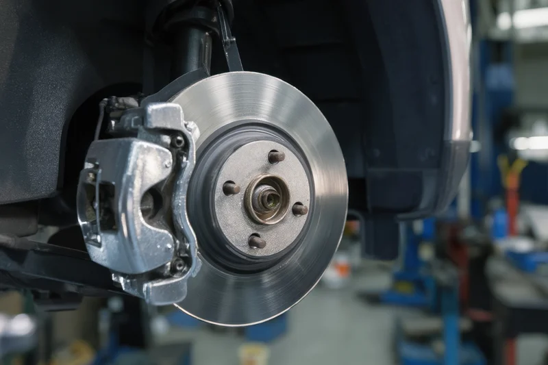 Closeup of car brake disc and caliper during inspection in a workshop