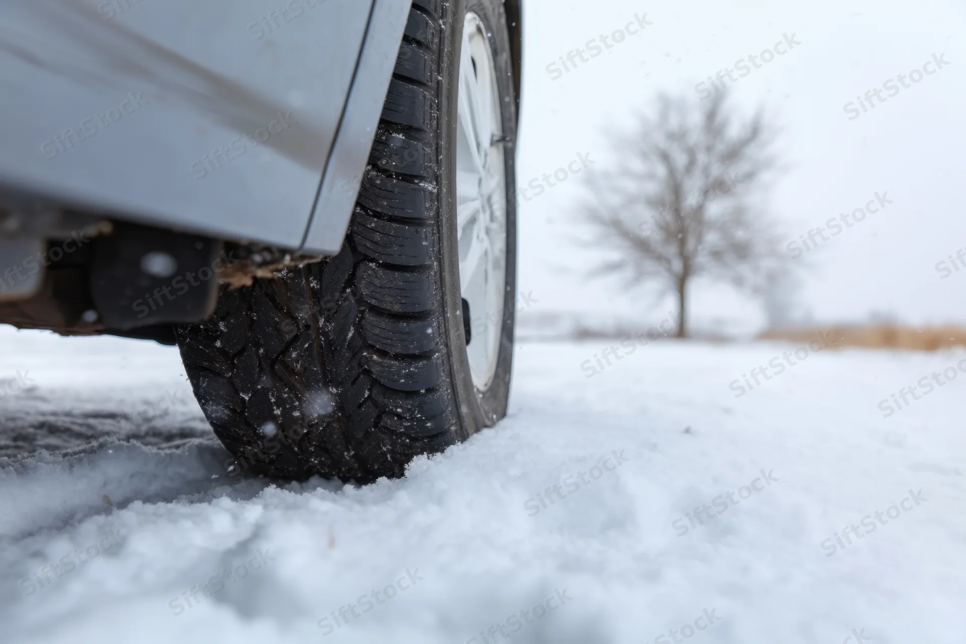 Closeup of car tire on snowy road in rural winter landscape