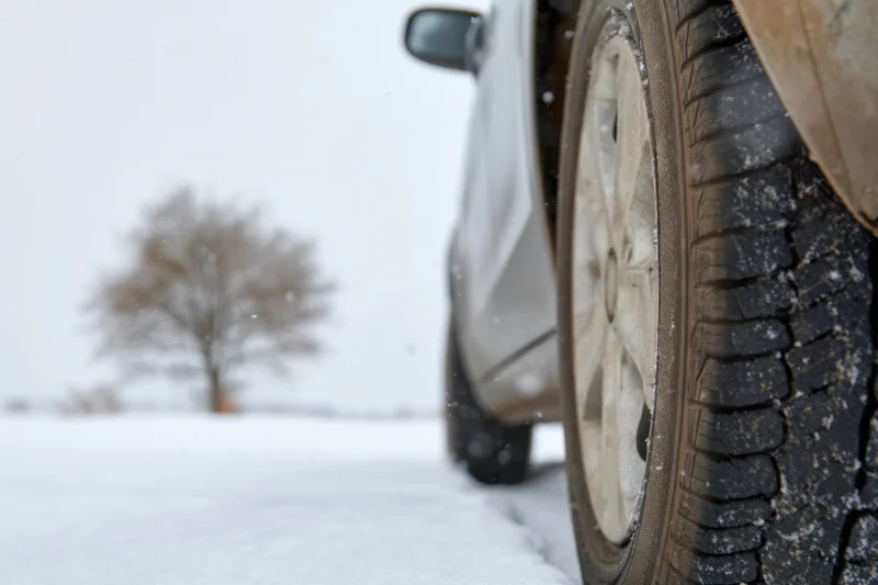 Closeup of a car tire on a snowy road with a bare tree in the background