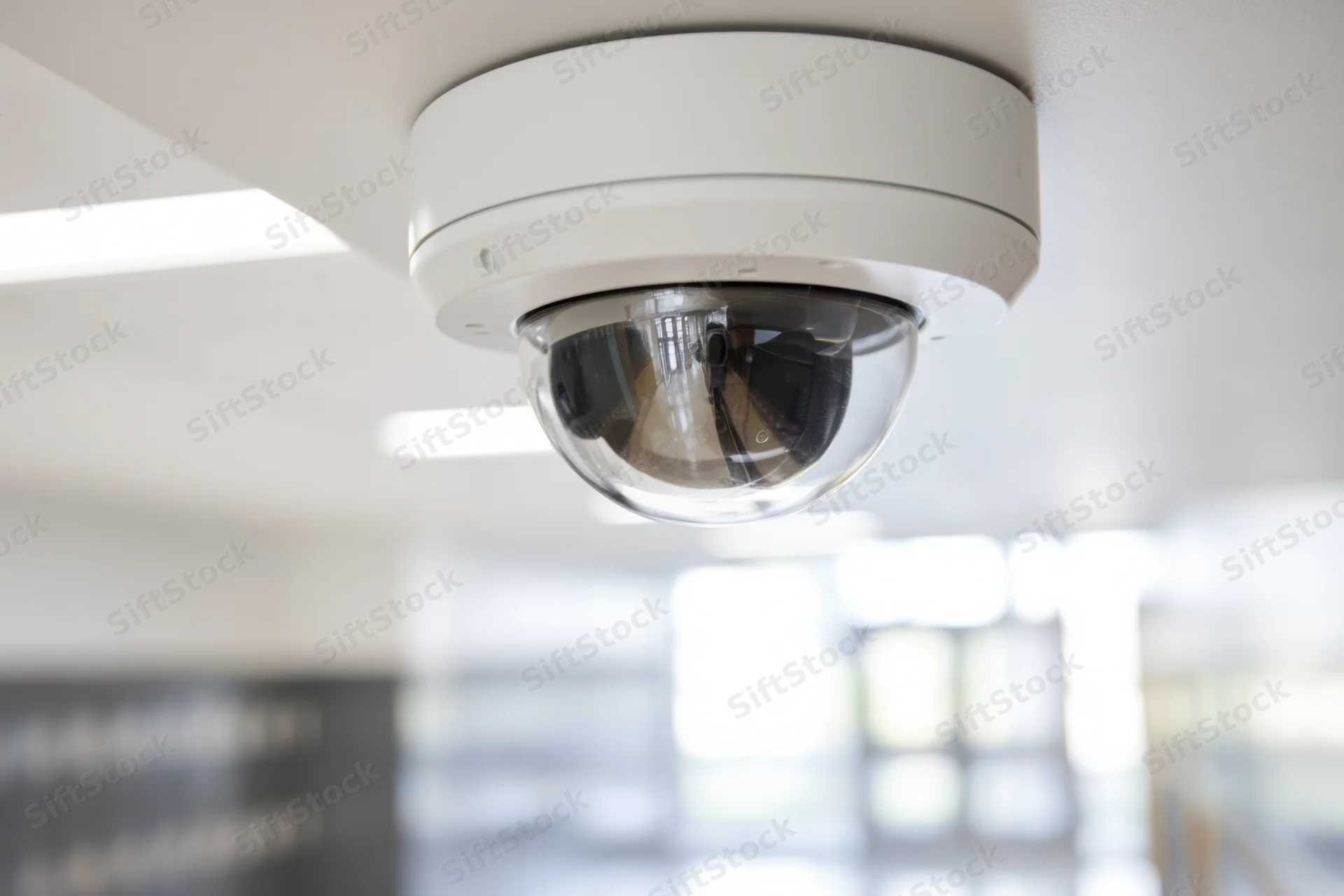 Ceiling-mounted dome security camera in a school hallway