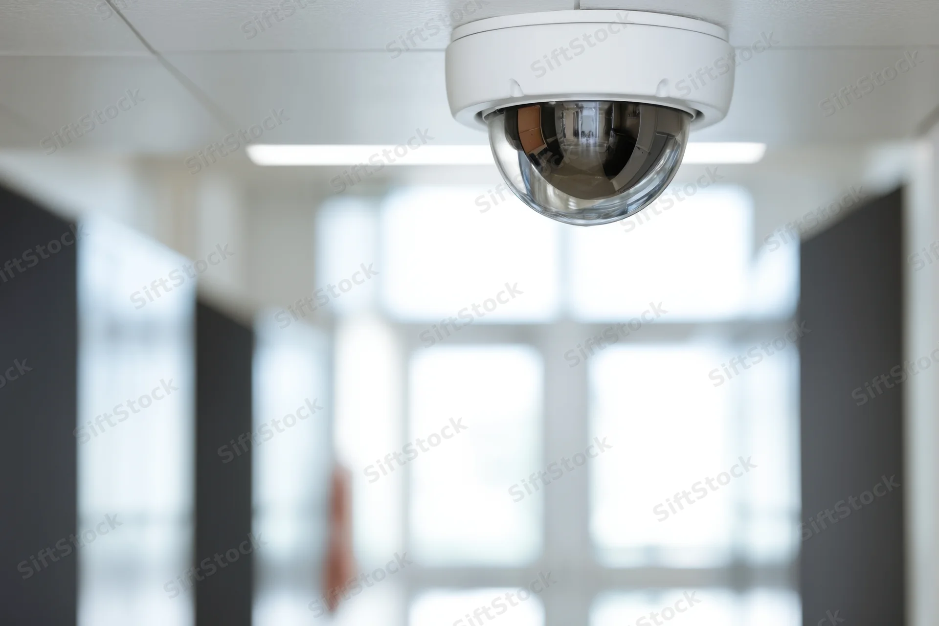 Ceiling-mounted dome security camera in a school hallway interior