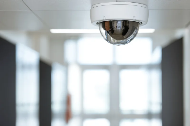 Ceiling-mounted dome security camera in a school hallway interior