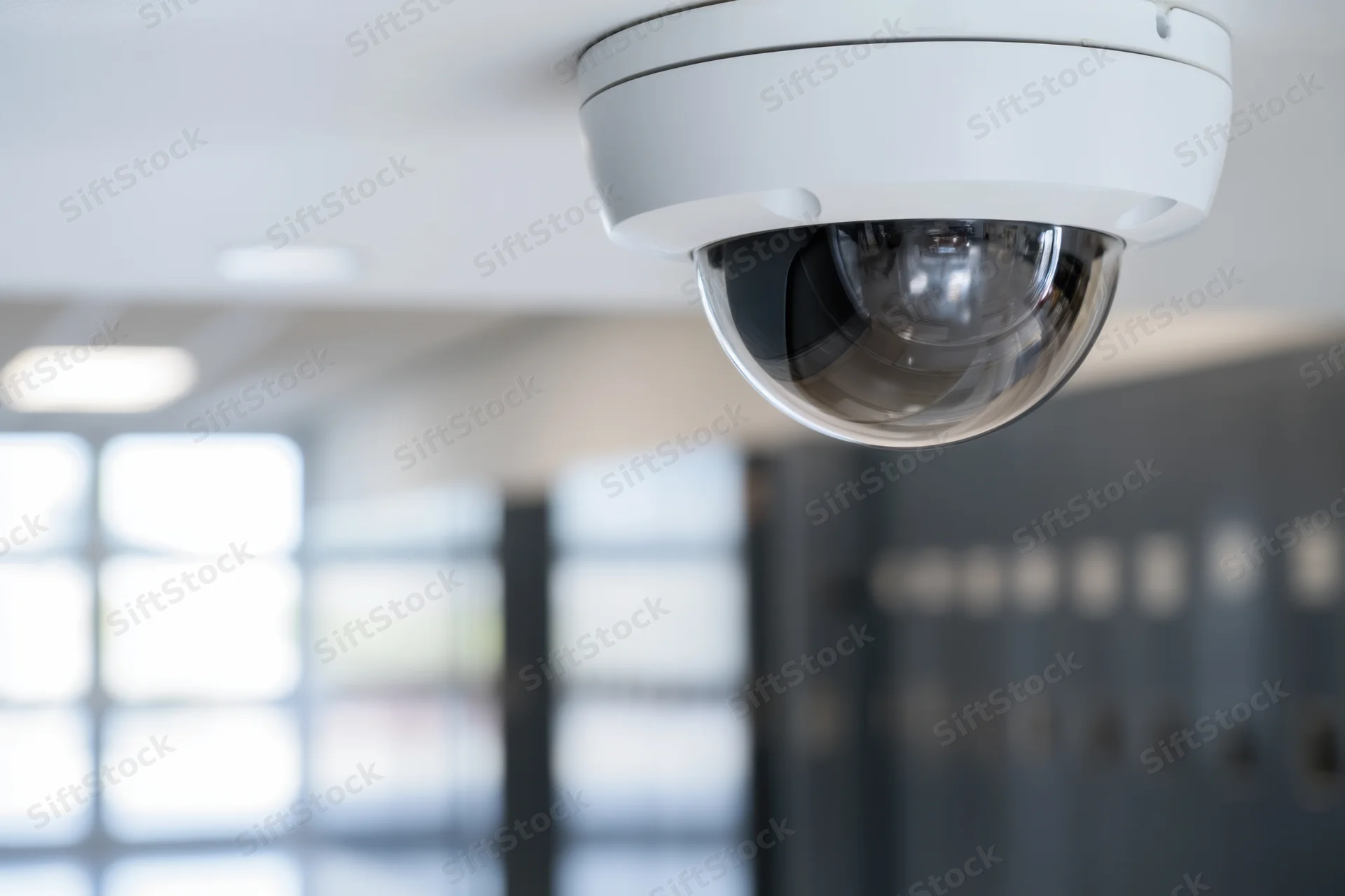 Ceiling-mounted dome security camera in a school hallway with blurred lockers and fluorescent lighting in the background