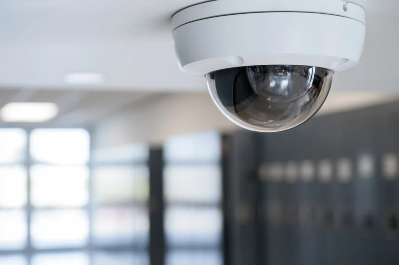 Ceiling-mounted dome security camera in a school hallway with blurred lockers and fluorescent lighting in the background