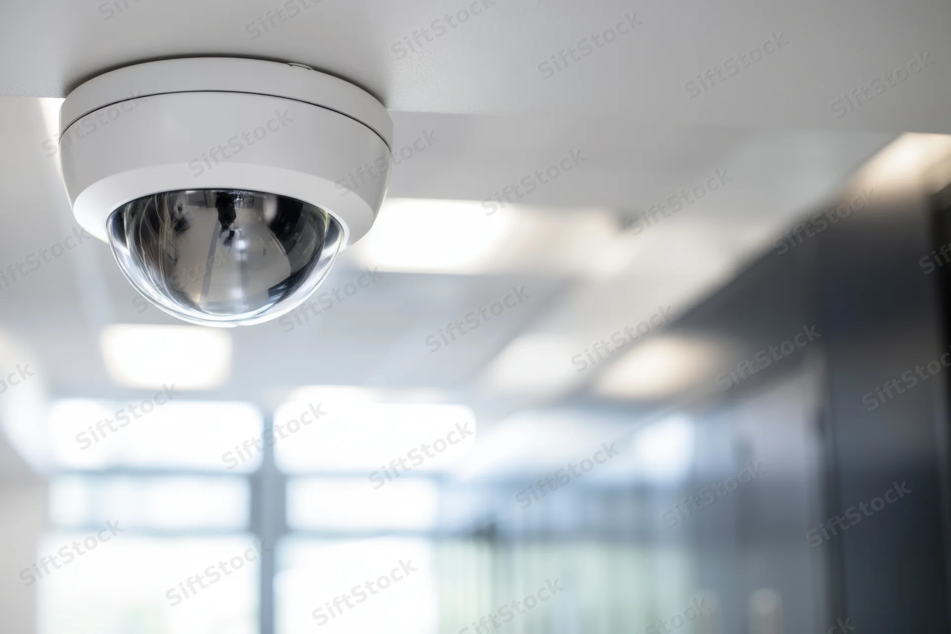 Ceiling-mounted dome security camera in a school hallway interior