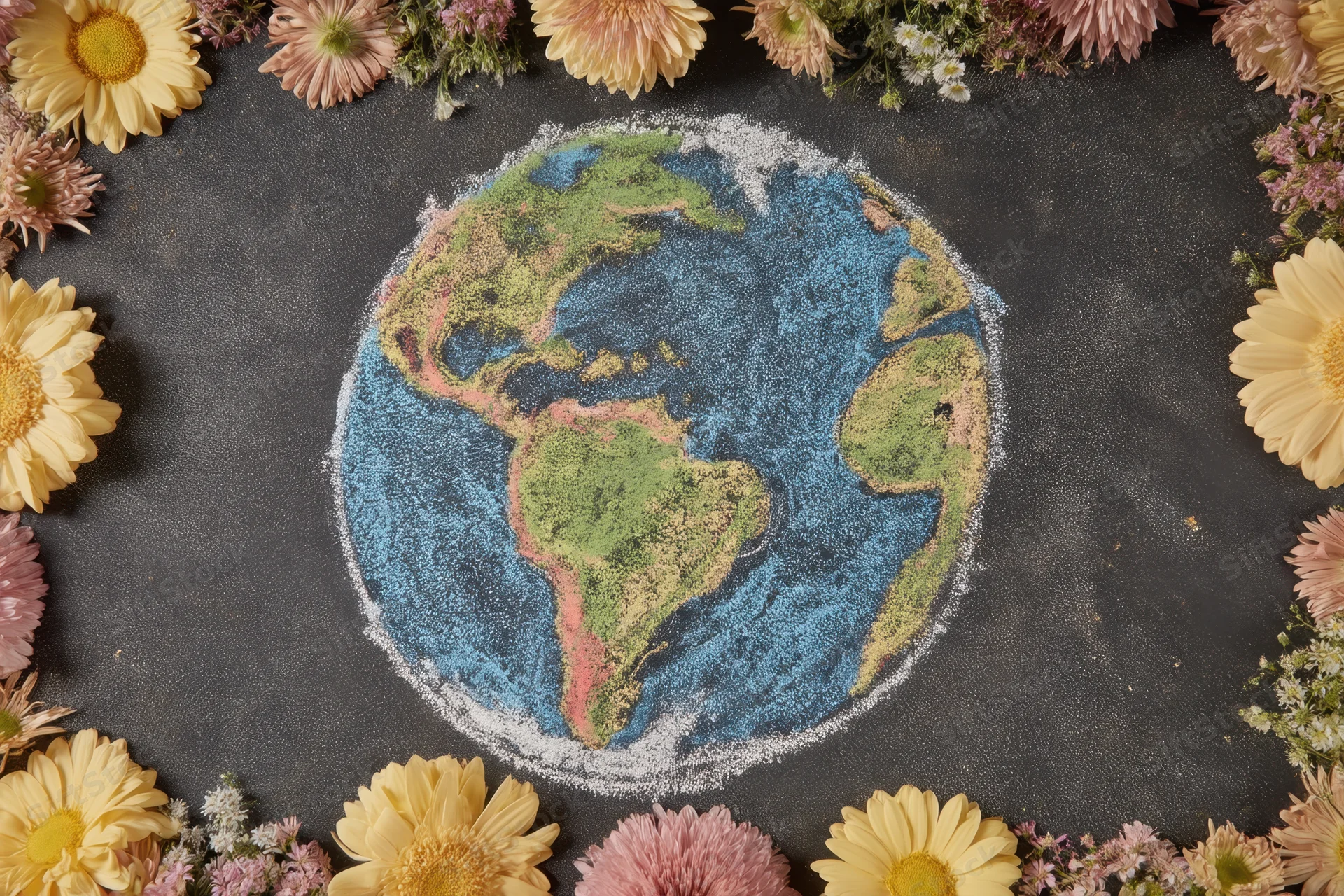 Chalk drawing of earth on blackboard surrounded by flowers in circular frame