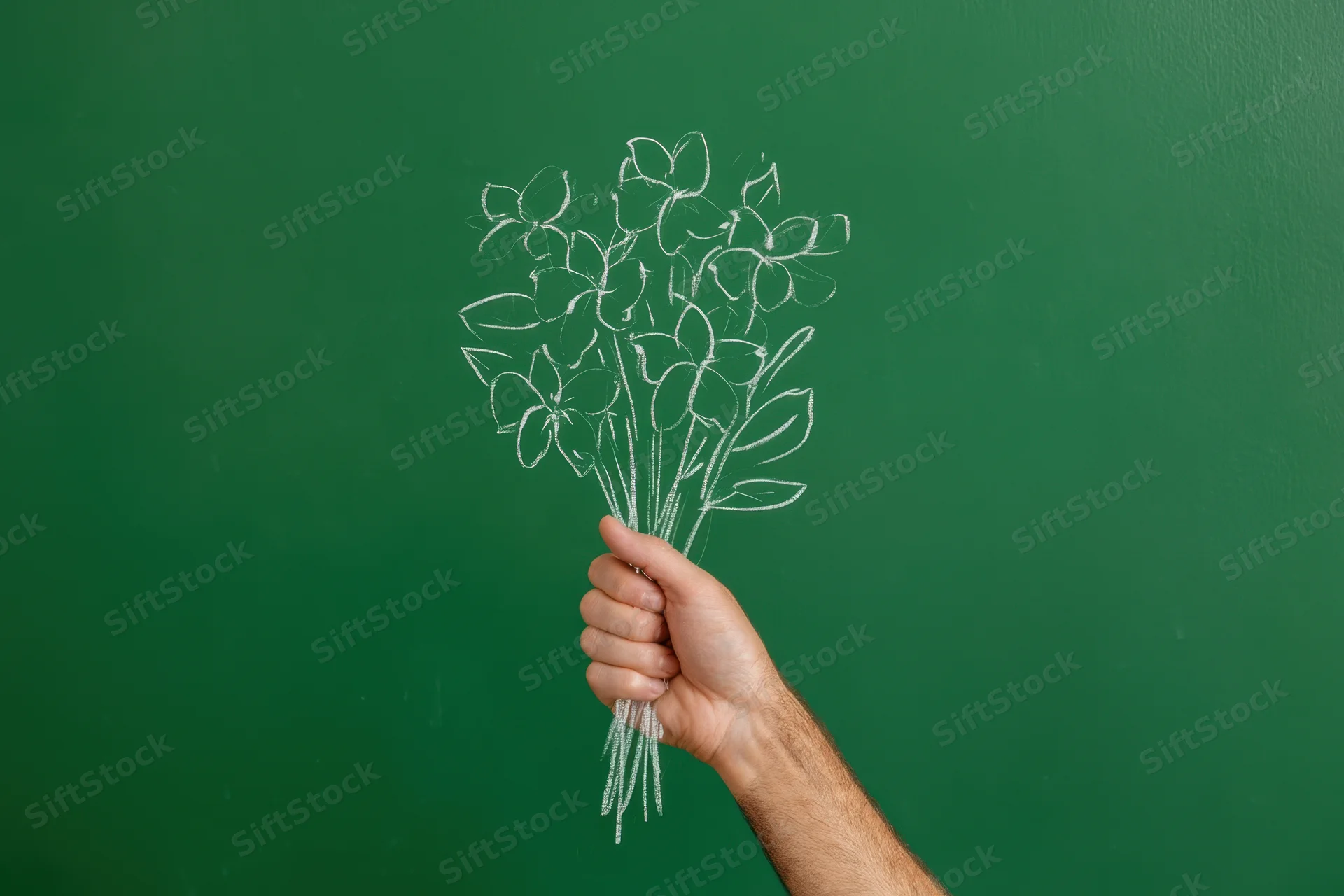 Hand holding a chalk-drawn bouquet of flowers on a green chalkboard