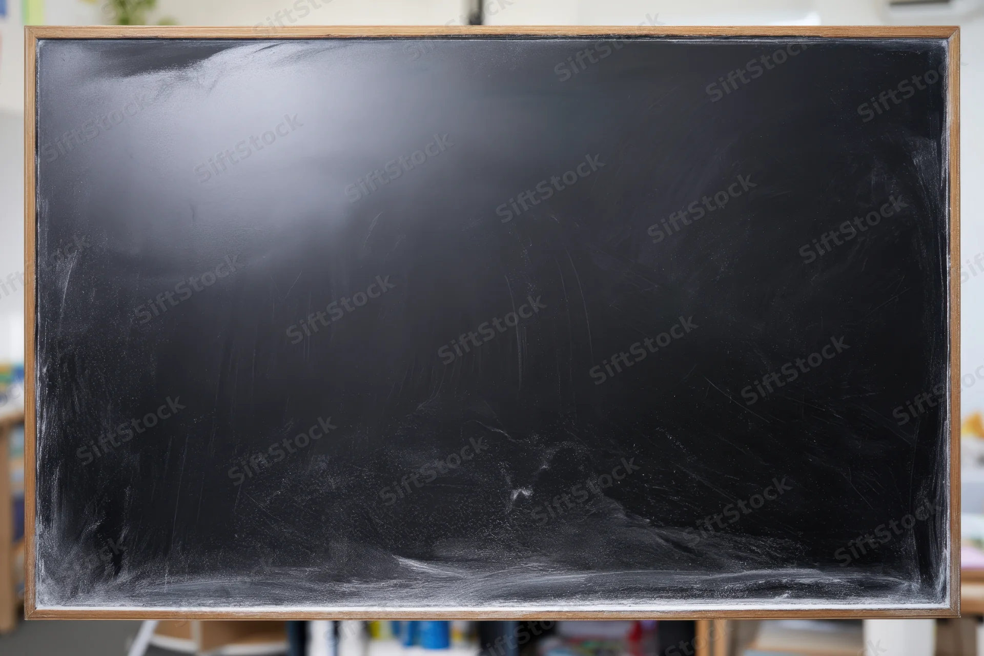 Smooth dark black chalkboard with white residue and smudges in a classroom setting
