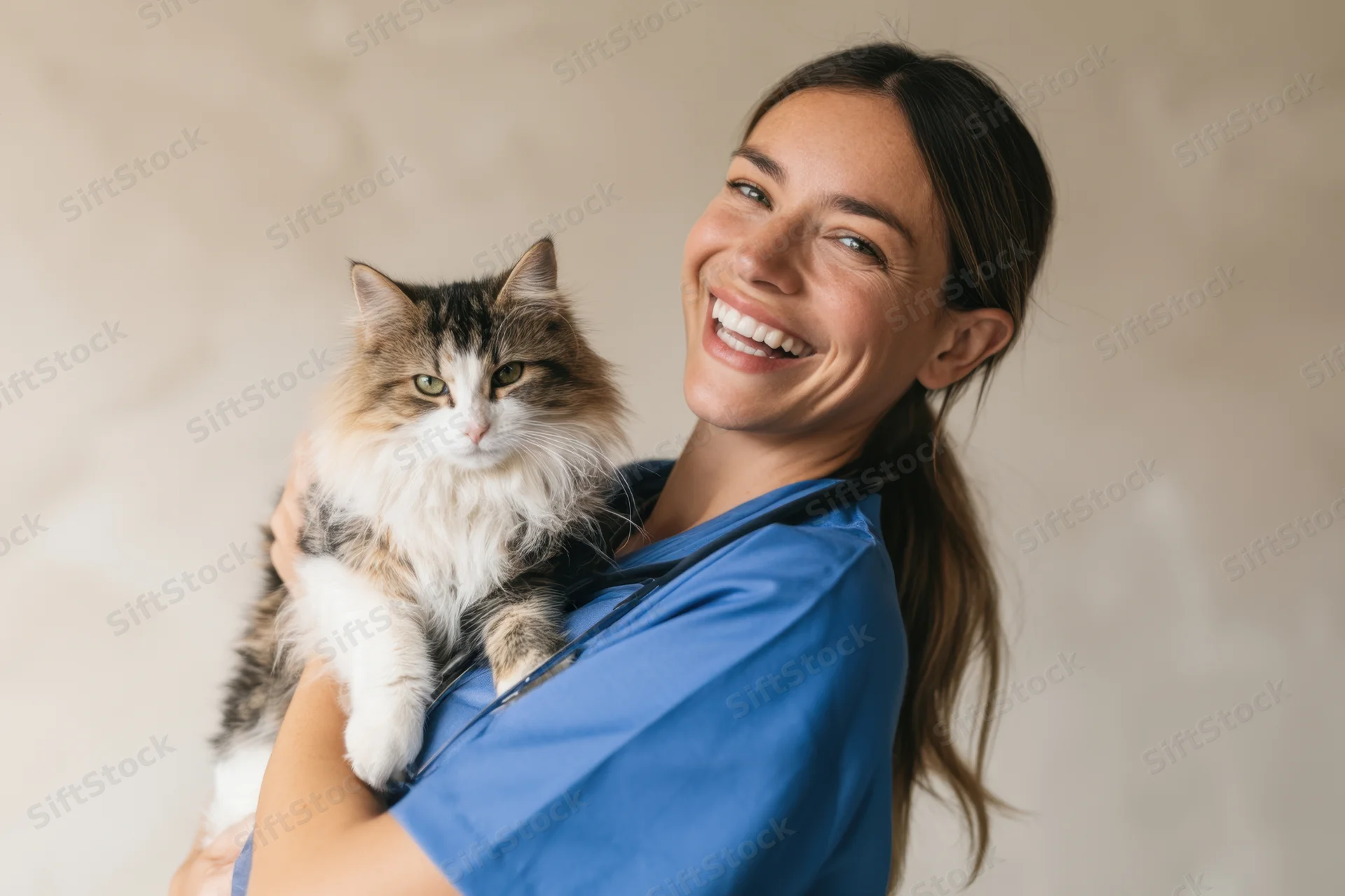 Female veterinarian holding a fluffy bi-colored cat, smiling in blue scrubs with stethoscope around neck