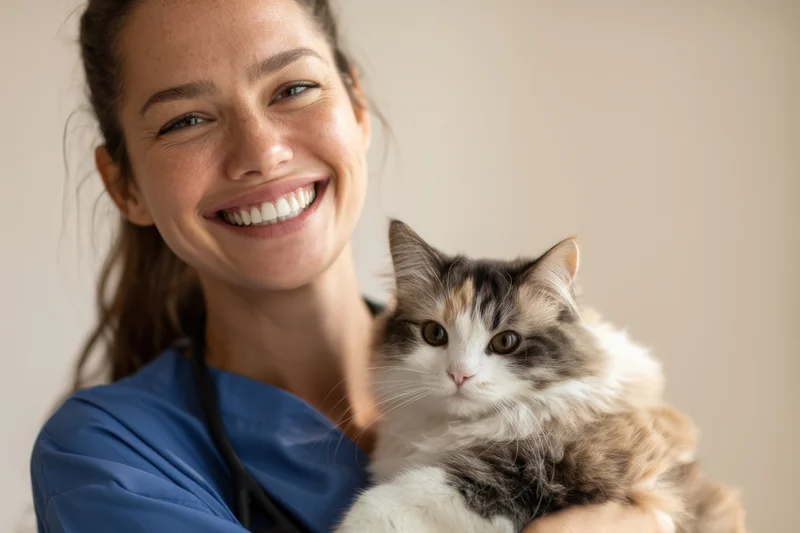 Female veterinarian smiling while holding a fluffy bi-colored cat indoors
