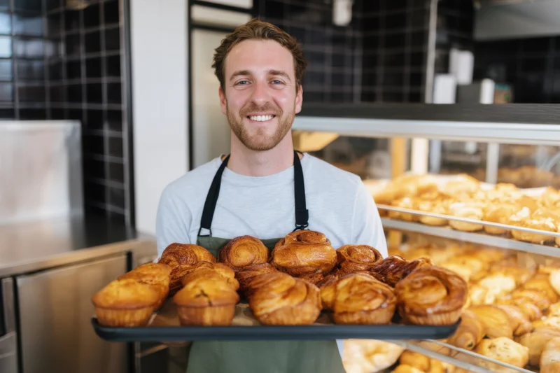 Smiling male baker holding tray of pastries in bakery cafe interior