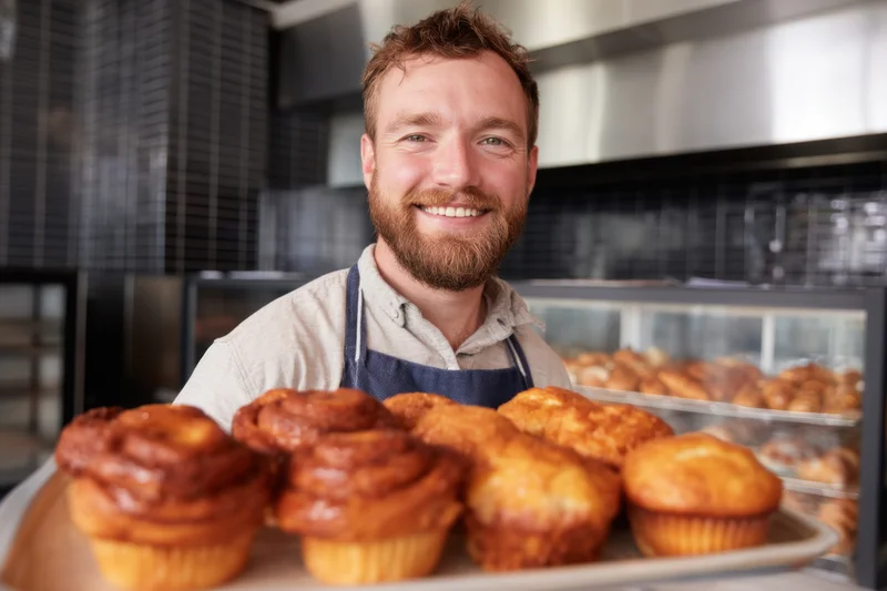 Smiling male baker holding tray of muffins in cafe kitchen