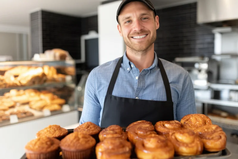 Smiling male baker holding tray of cinnamon rolls and muffins in cafe bakery