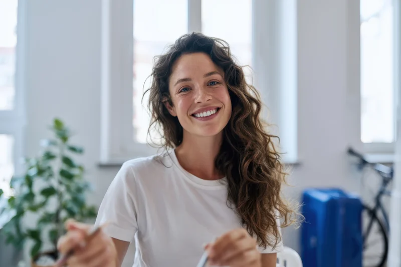 Cheerful young woman smiling at camera in bright office workspace