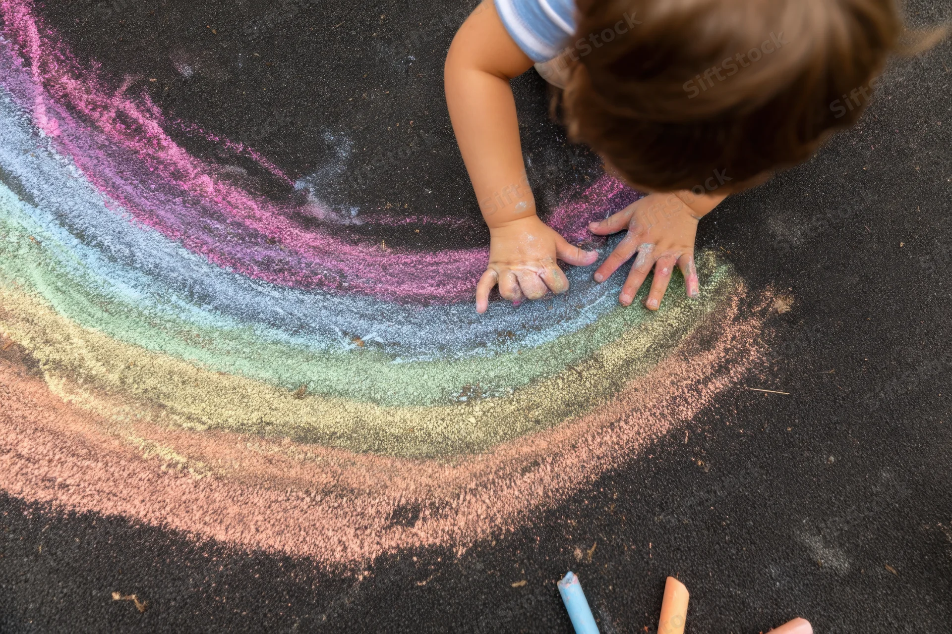 Child drawing a rainbow with colorful chalk on black pavement