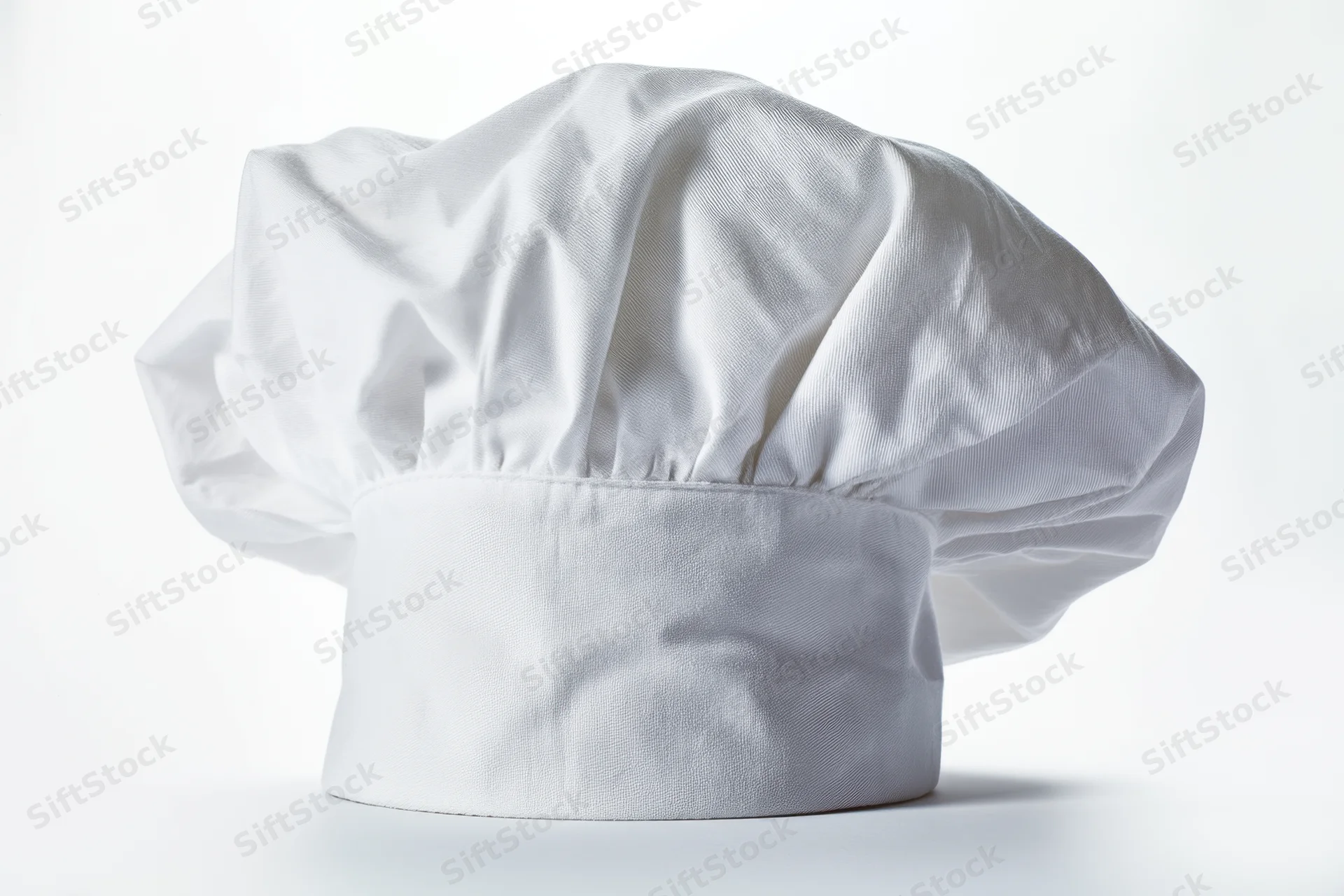 White chef hat made of soft fabric displayed on plain white background