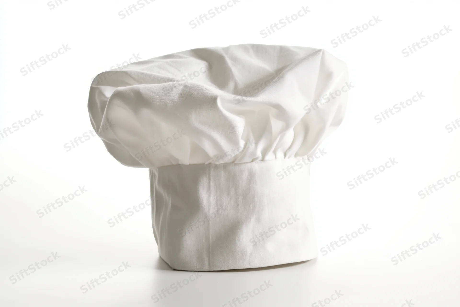 White chef hat with soft fabric folds standing on plain surface