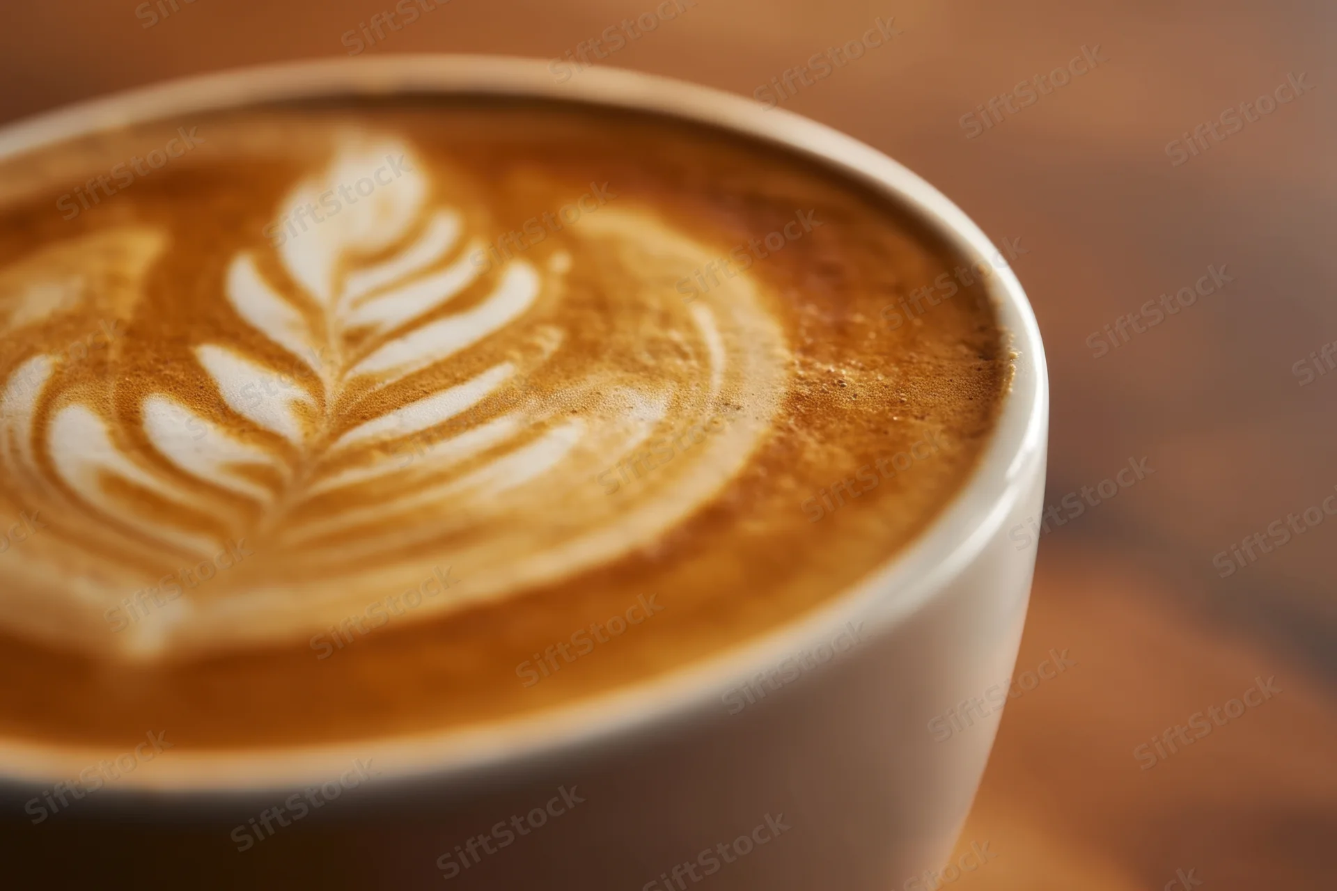 Close-up of latte art with leaf pattern in a white ceramic cup on a warm surface