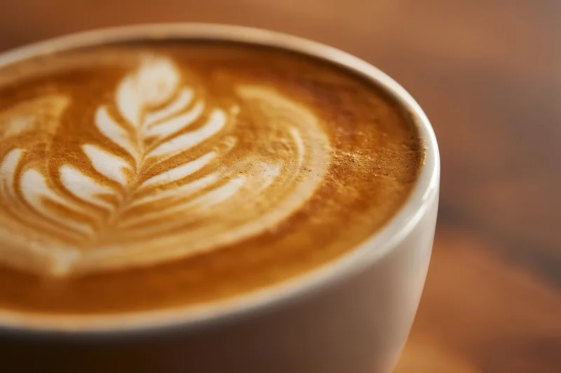 Close-up of latte art with leaf pattern in a white ceramic cup on a warm surface