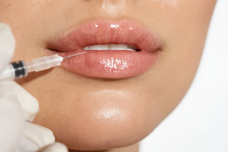 Close-up of a woman receiving a lip injection with a syringe held by a gloved hand