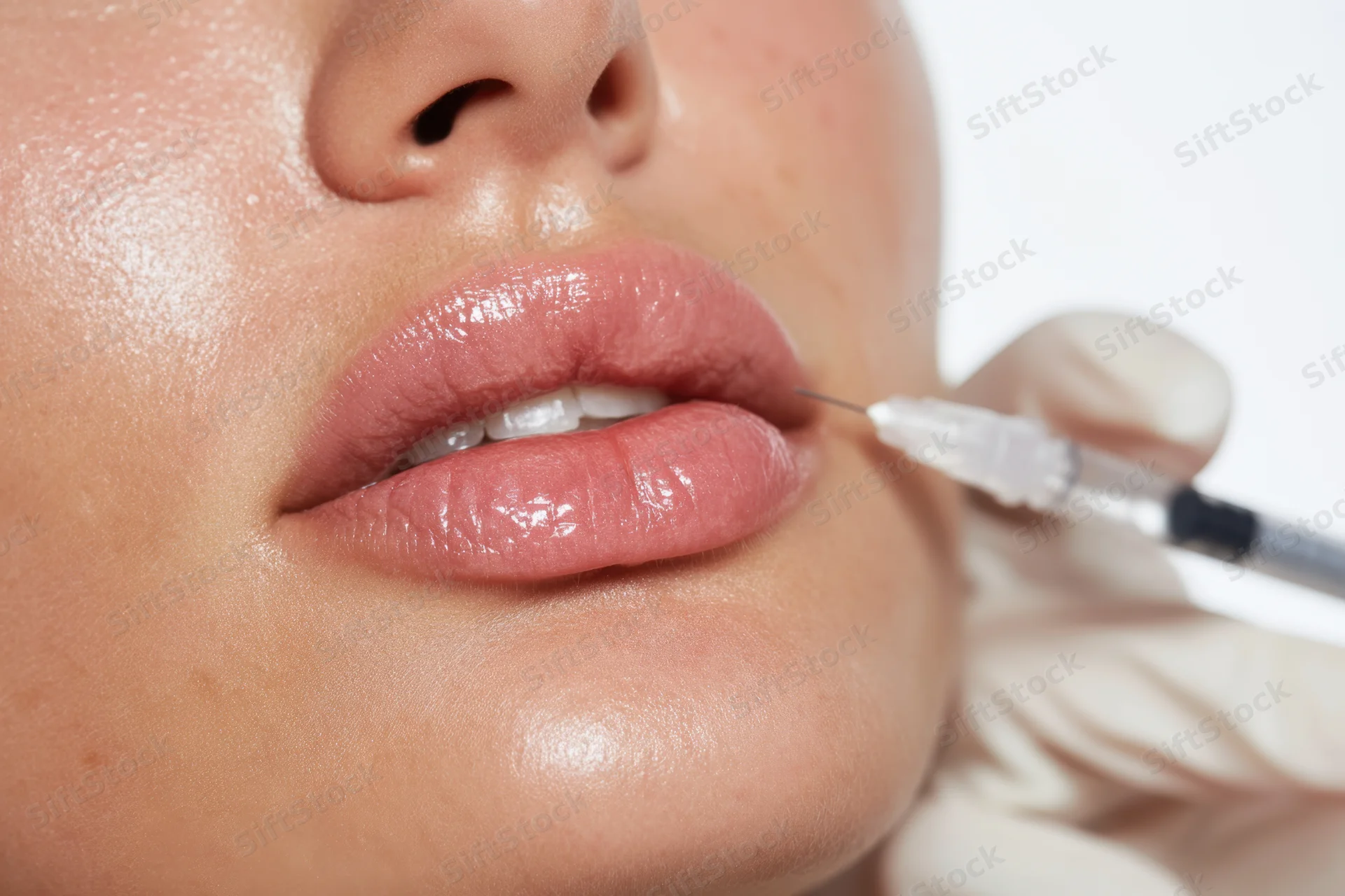 Close-up of a woman receiving a lip filler injection with a syringe held by a gloved hand
