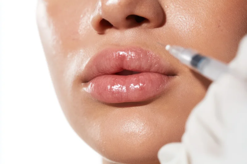 Close-up of a woman receiving lip injection with a syringe during a cosmetic procedure