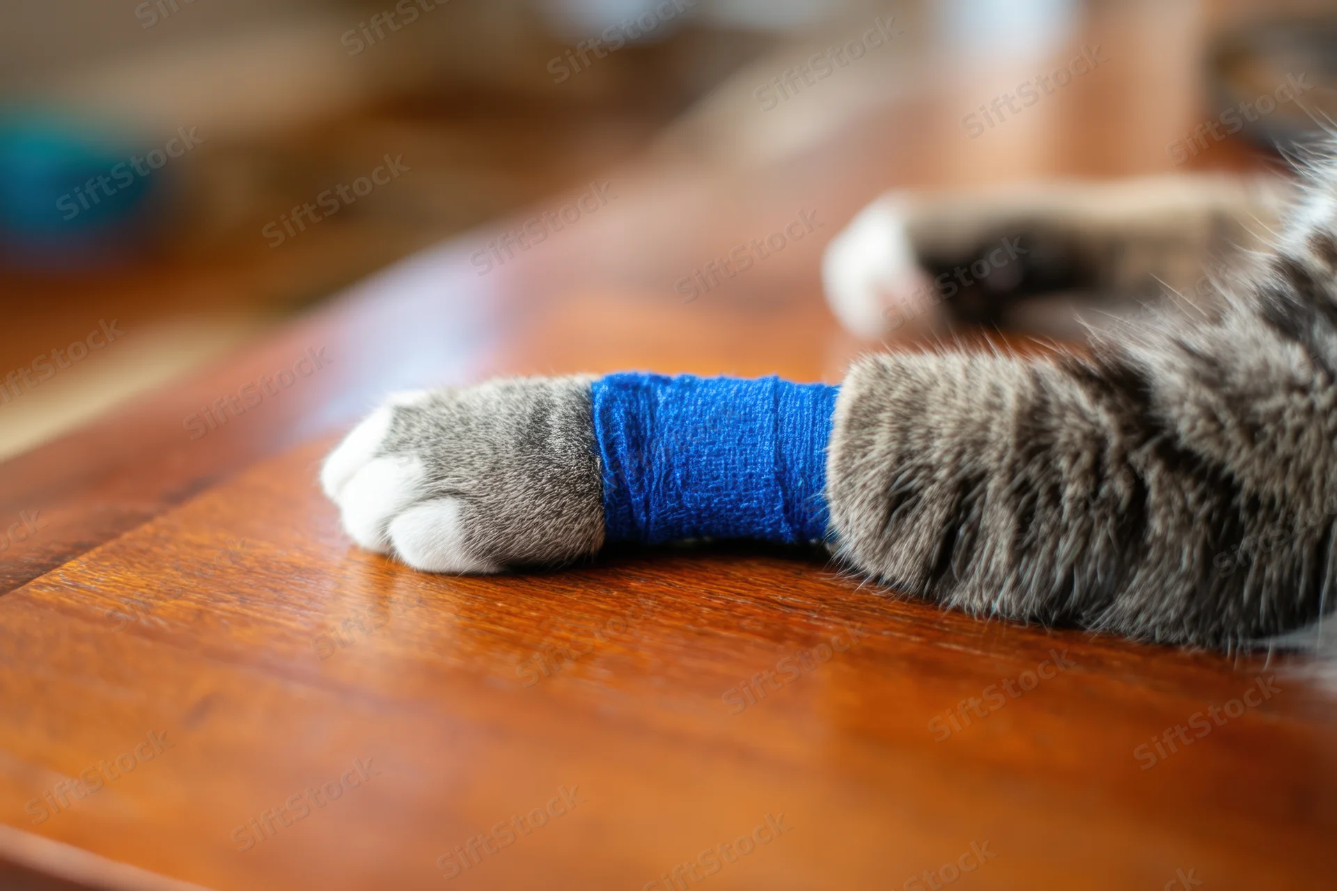 Close-up of a cat's paw with a blue bandage wrapped around it resting on a wooden table