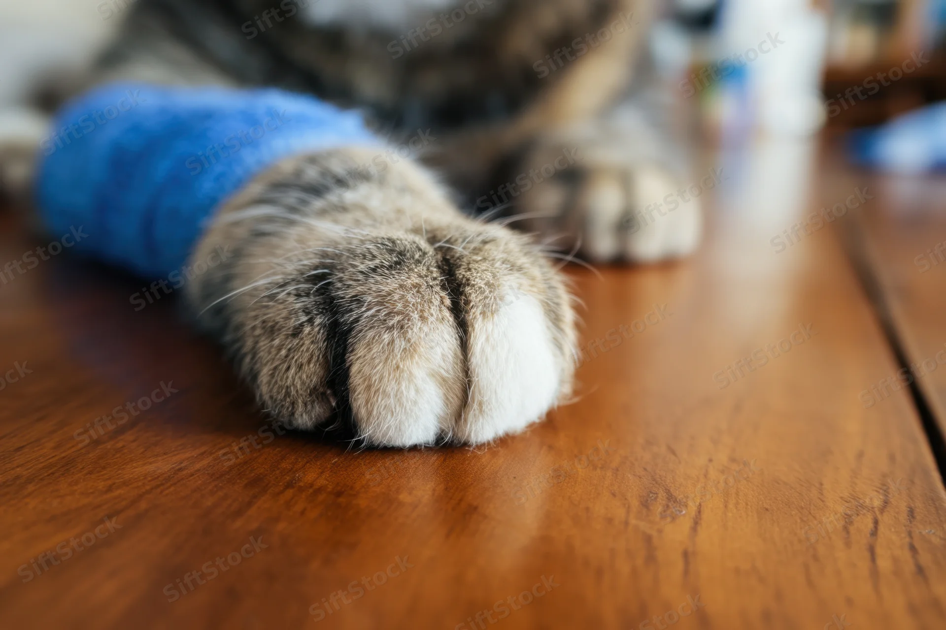 Close-up of a cat's paw with a blue bandage resting on a wooden table