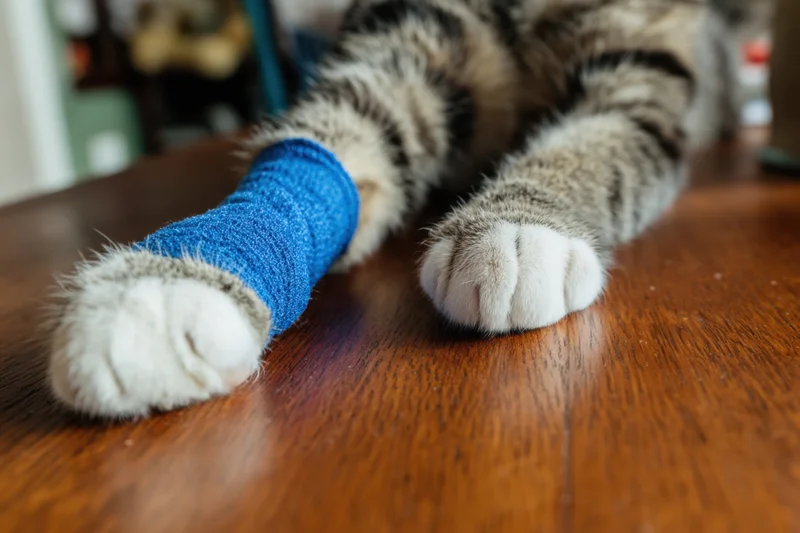 Close-up of a cat's paw with a blue bandage on a wooden table