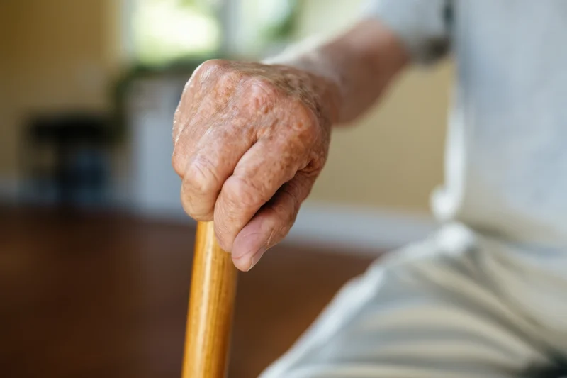 Close-up of an elderly person's hand gripping a wooden cane indoors