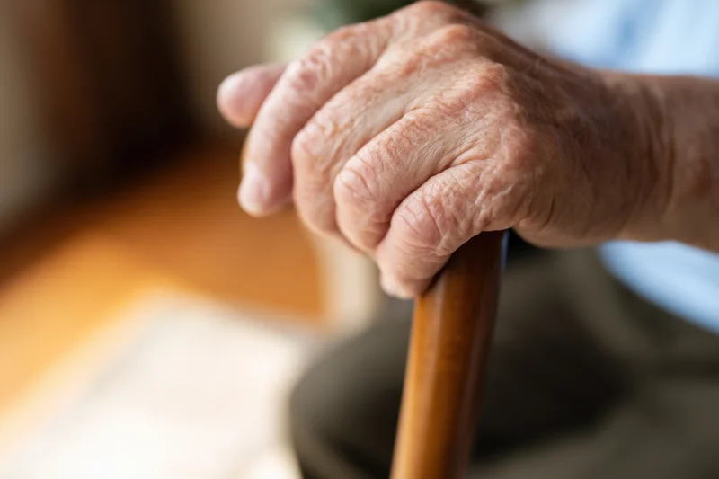 Close-up of an elderly hand gripping a wooden cane for support