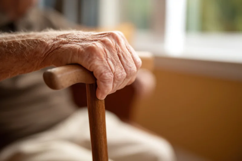 Closeup of an elderly man's hand gripping a wooden cane indoors near a window