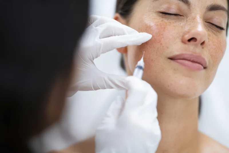 Woman receiving facial injection during cosmetic procedure in clinic