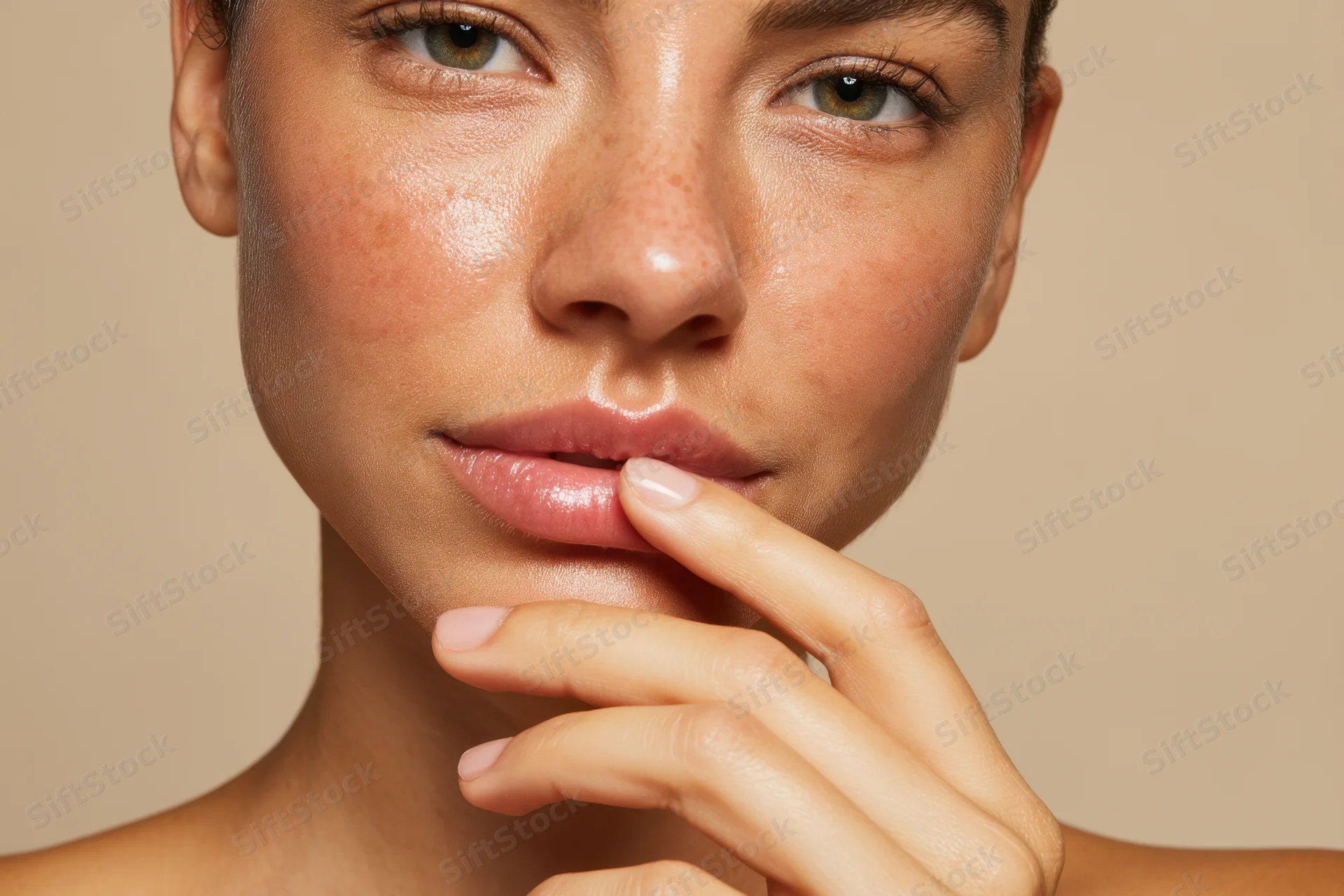 Closeup of a woman’s face with hand touching lips, showcasing natural skin texture and glow