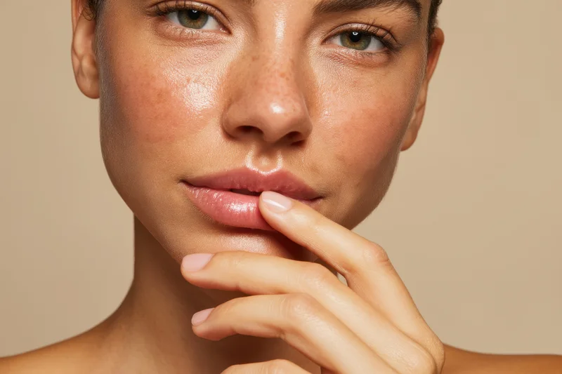 Closeup of a woman’s face with hand touching lips, showcasing natural skin texture and glow