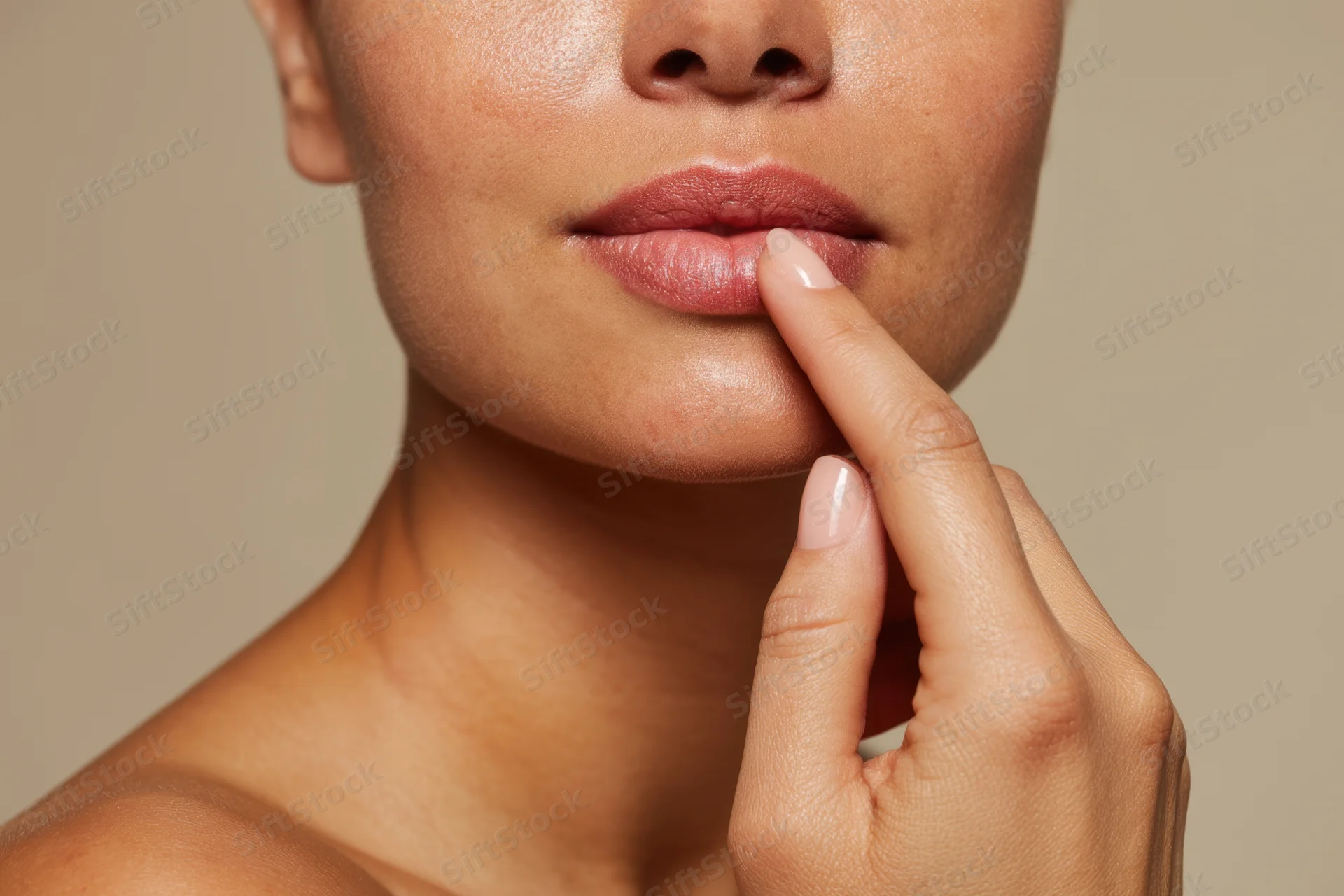 Closeup of a woman touching her lips with a finger, showing smooth skin and natural beauty in a studio setting