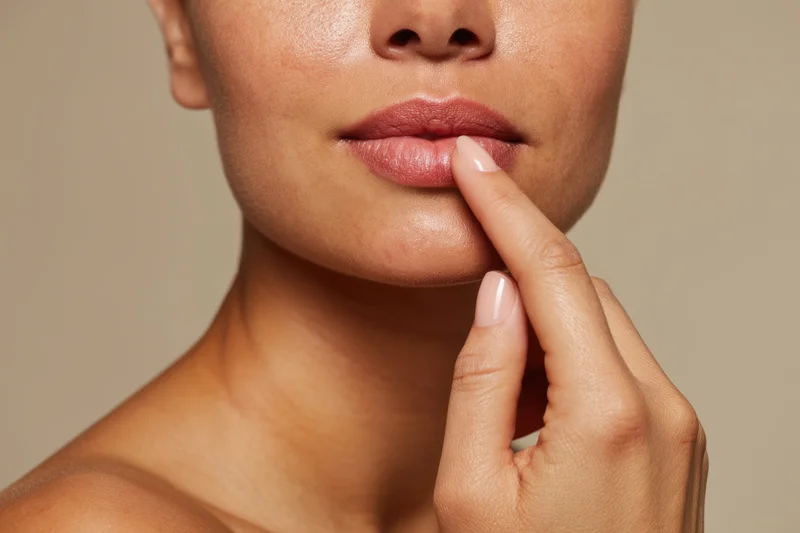 Closeup of a woman touching her lips with a finger, showing smooth skin and natural beauty in a studio setting
