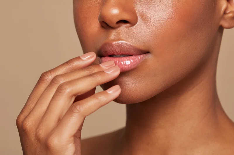 Close-up of a woman touching her glossy lips with her finger, showcasing smooth skin and natural beauty