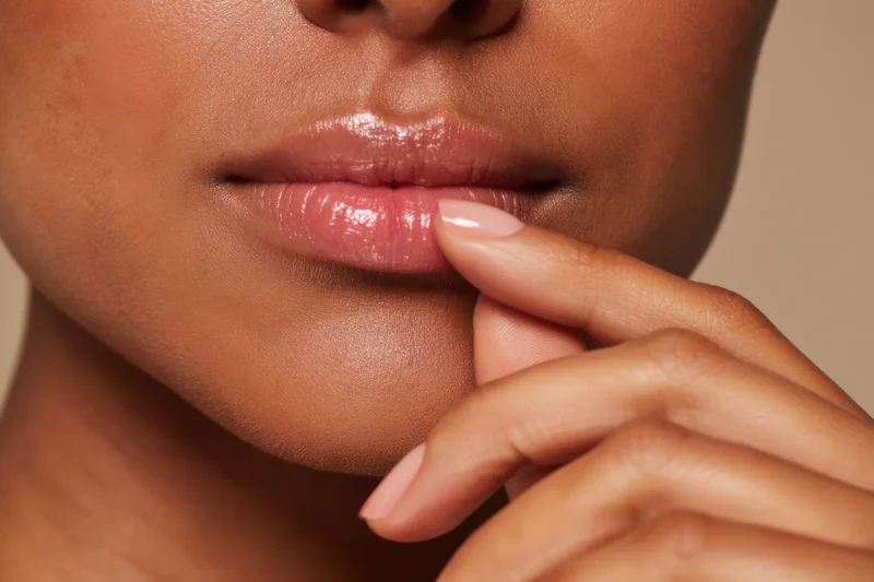 Closeup of a woman’s lips with glossy finish and finger touching them, showing smooth skin and natural beauty