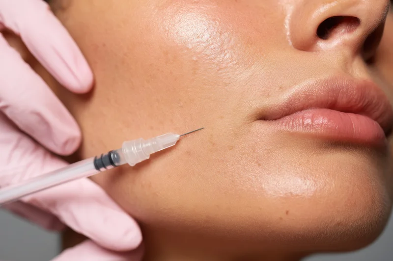 Close-up of a woman receiving a facial injection on her cheek during a cosmetic treatment