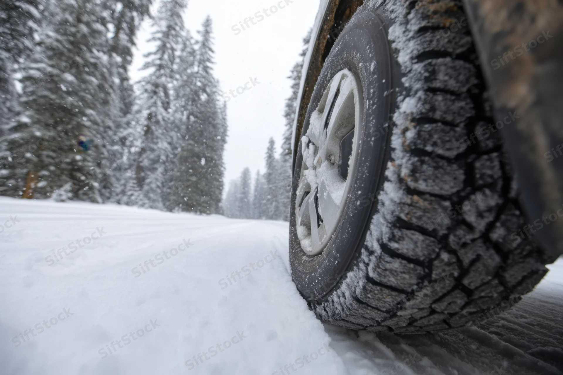 Close-up of a car tire gripping a snow-covered road in a snowy forest