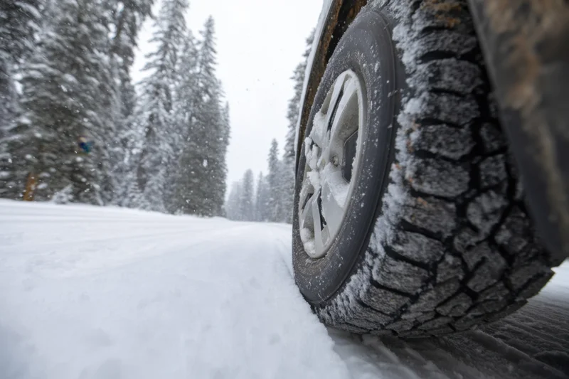 Close-up of a car tire gripping a snow-covered road in a snowy forest