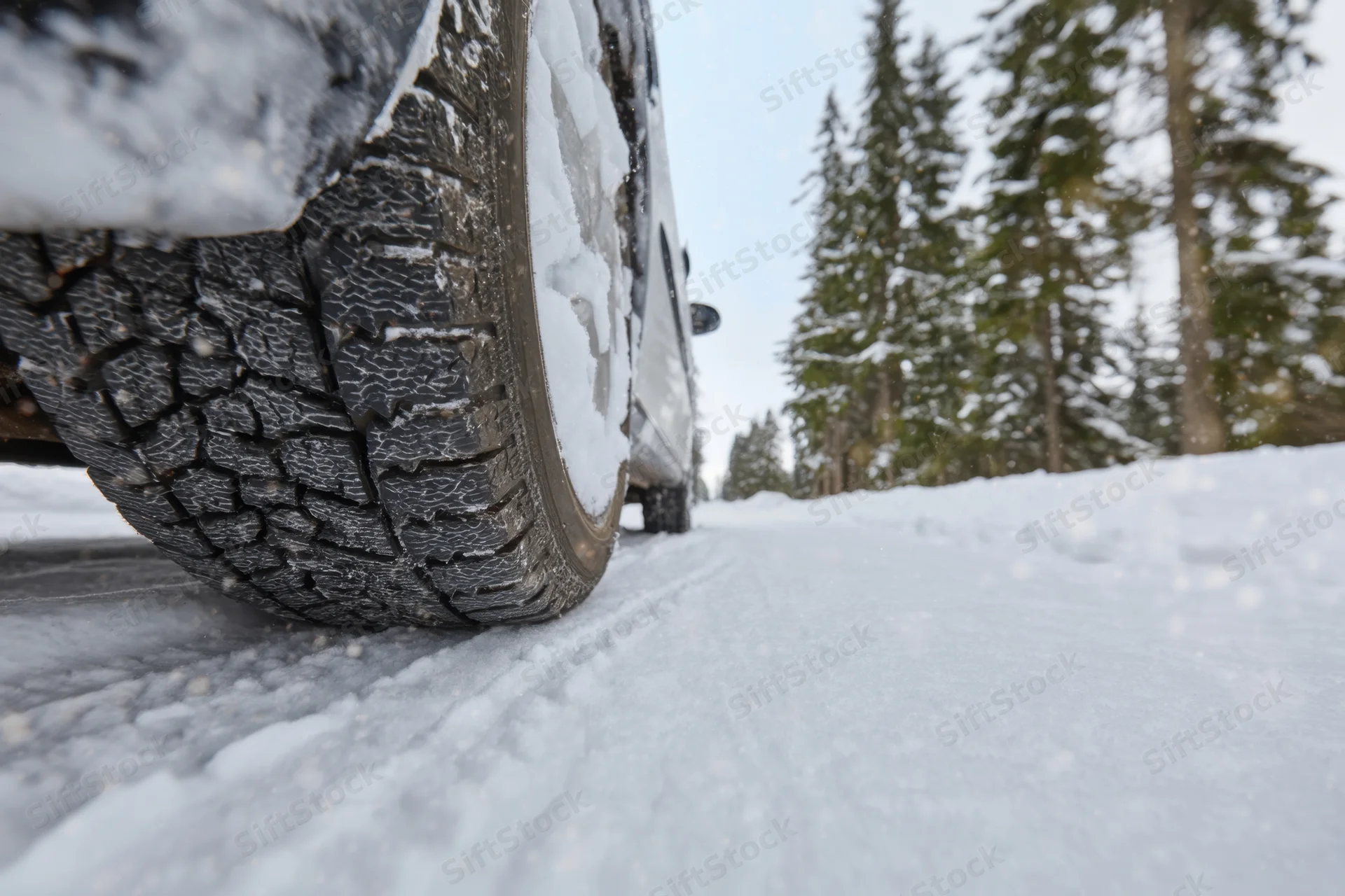 Close-up of a car tire gripping a snow-covered road in a winter forest setting