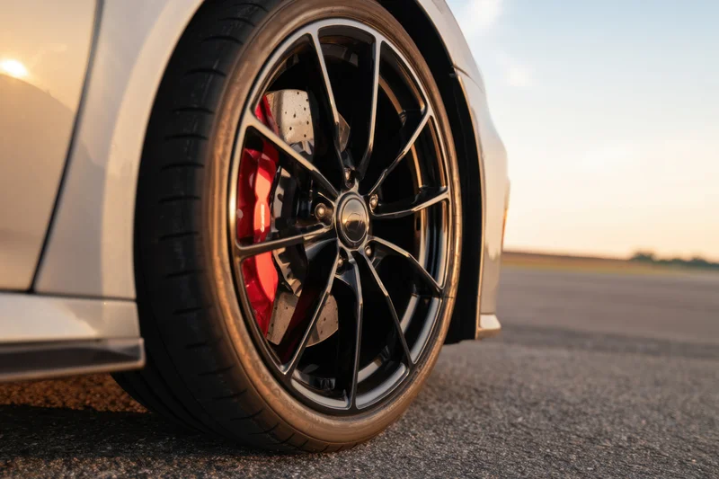 Close-up of a sports car wheel with red brake calipers on asphalt during golden hour