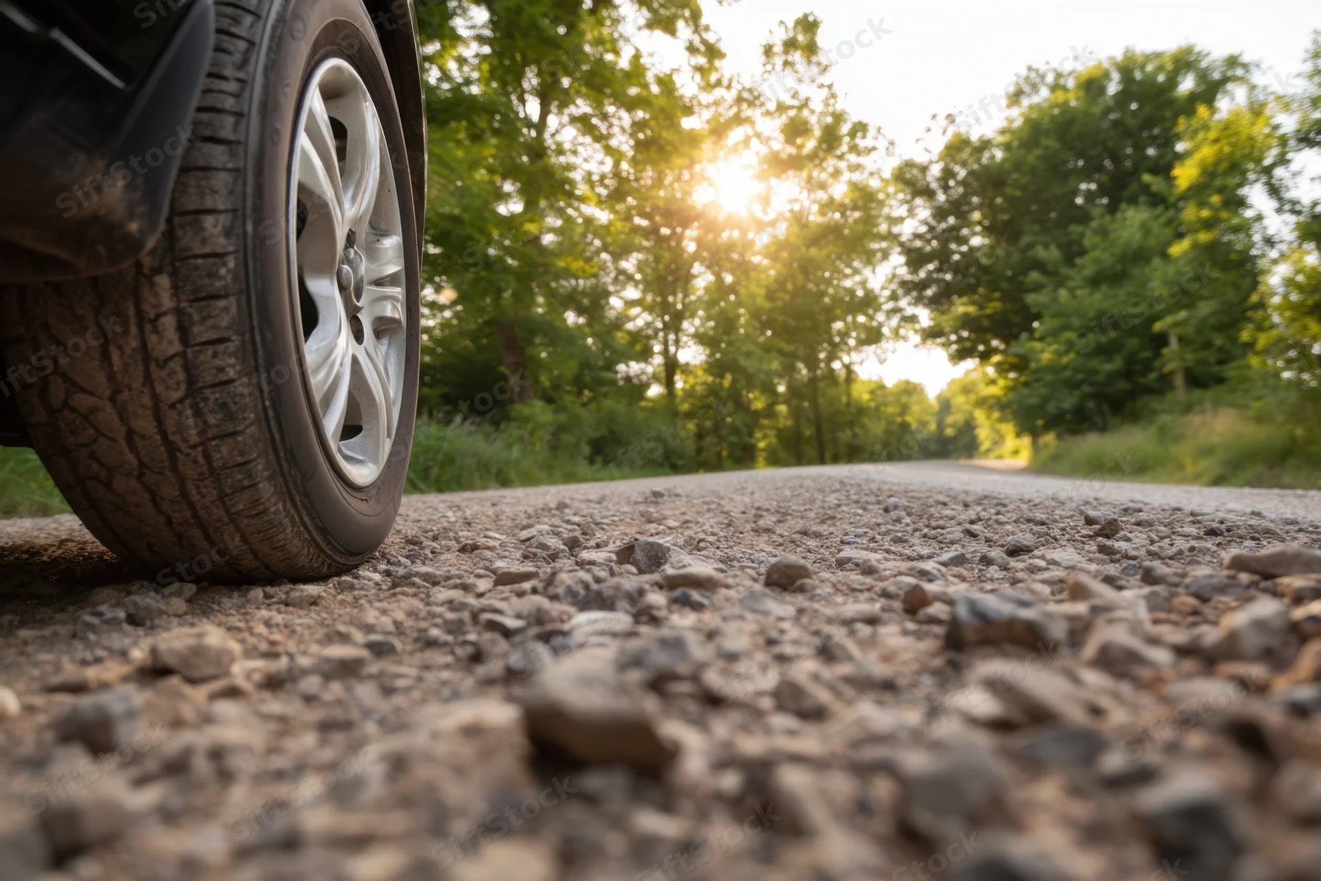 Close-up of a black car's wheel on a gravel road surrounded by trees with sunlight filtering through the foliage